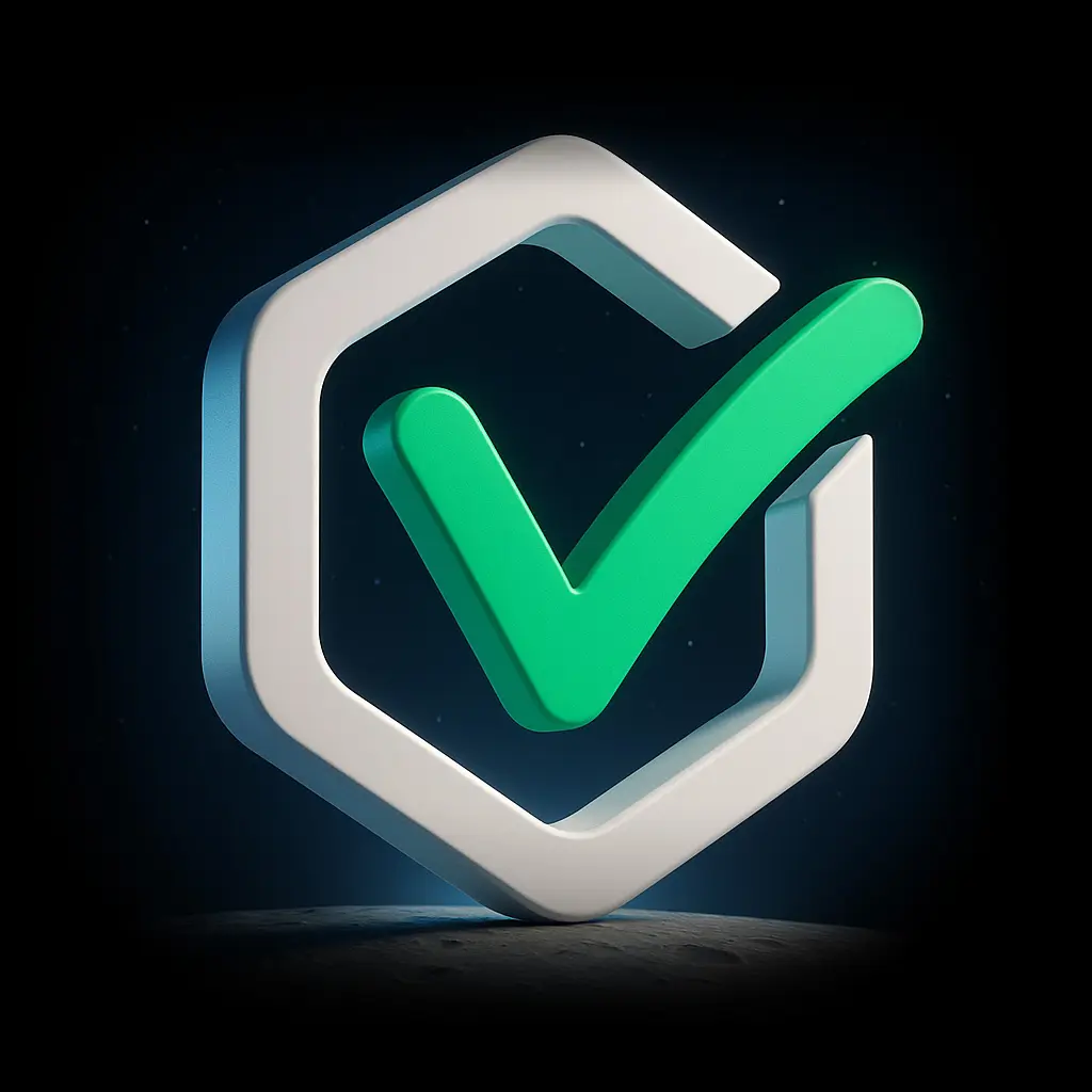 Green checkmark inside geometric shield logo